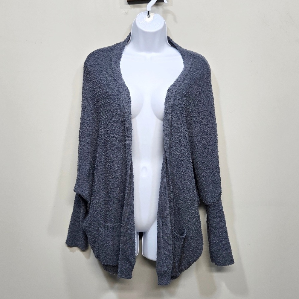 Evereve Cardigan Sweater XS Blue Gray Boucle Open Front Cocoon Pockets Oversized
